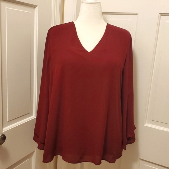 Alfani Burgundy Vneck Bell sleeve Blouse Size 16, Classic - Picture 1 of 9